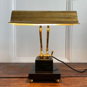 A smart looking Brass and fully adjustable Bankers Lamp with two stepped black marble base and brass bun feet. The lamp has been rewired with new material covered black cord and plug - SHOP NOW - www.intovintage.co.uk