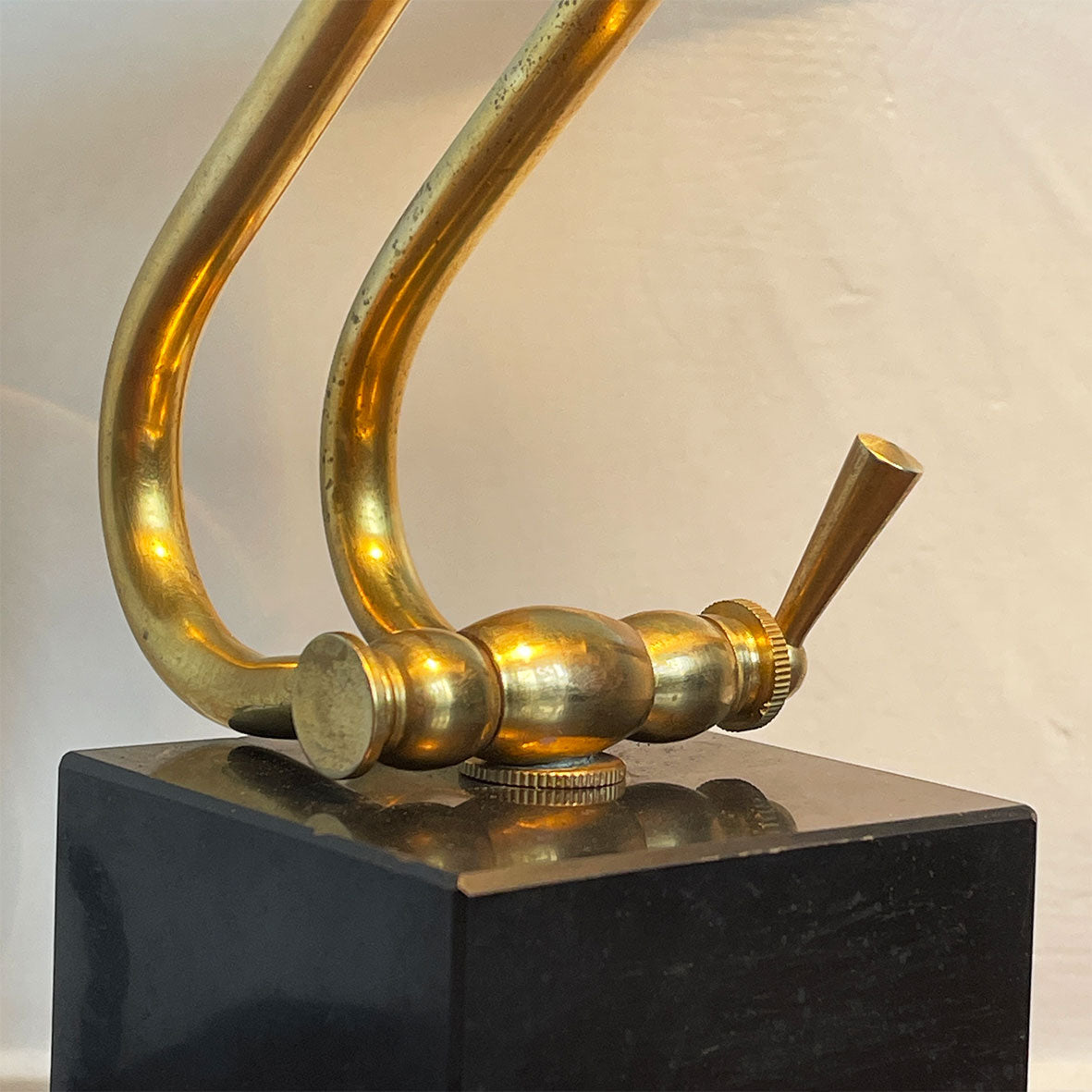 A smart looking Brass and fully adjustable Bankers Lamp with two stepped black marble base and brass bun feet. The lamp has been rewired with new material covered black cord and plug - SHOP NOW - www.intovintage.co.uk