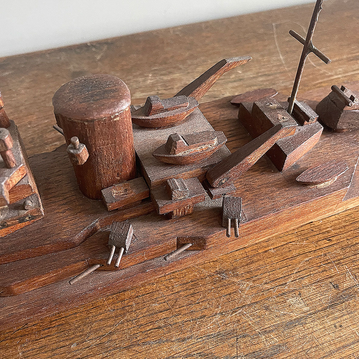 An 1940's vintage oak scratch-built battleship. Superbly built with perfect proportions, masts and fantastic rotating gun turrets. It has a flat bottom, so easy to display - SHOP NOW - Iintovintage.co.uk