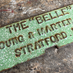 A cast and enamelled name plate from the firm Young & Martin Ltd with the legend 'THE "BELLE"'.  Young & Martin were a company based on The Broadway in Stratford East London. They specialised in supplying Lead Glass, Paper Hangings, Gas Fittings, Castings, Chimney-Pieces, Grates and Kitchens -SHOP NOW - www.intovintage.co.uk