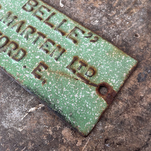 A cast and enamelled name plate from the firm Young & Martin Ltd with the legend 'THE "BELLE"'.  Young & Martin were a company based on The Broadway in Stratford East London. They specialised in supplying Lead Glass, Paper Hangings, Gas Fittings, Castings, Chimney-Pieces, Grates and Kitchens -SHOP NOW - www.intovintage.co.uk