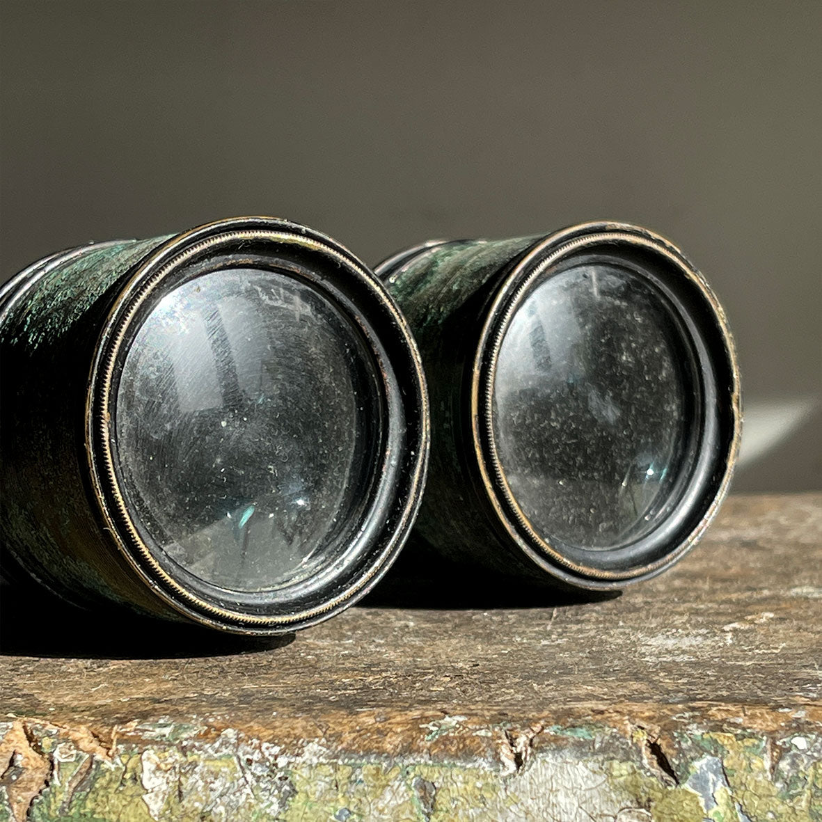 A pair of British Army issued field glasses by LeMaire Fabt of Paris. Verdigris patinated finish to the brass, excellent working order with good vision and clarity - SHOP NOW - www.intovintage.co.uk