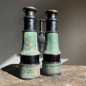 A pair of British Army issued field glasses by LeMaire Fabt of Paris. Verdigris patinated finish to the brass, excellent working order with good vision and clarity - SHOP NOW - www.intovintage.co.uk