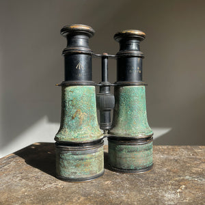 A pair of British Army issued field glasses by LeMaire Fabt of Paris. Verdigris patinated finish to the brass, excellent working order with good vision and clarity - SHOP NOW - www.intovintage.co.uk