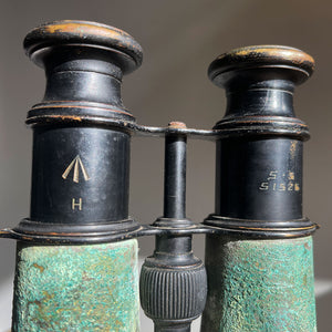 A pair of British Army issued field glasses by LeMaire Fabt of Paris. Verdigris patinated finish to the brass, excellent working order with good vision and clarity - SHOP NOW - www.intovintage.co.uk