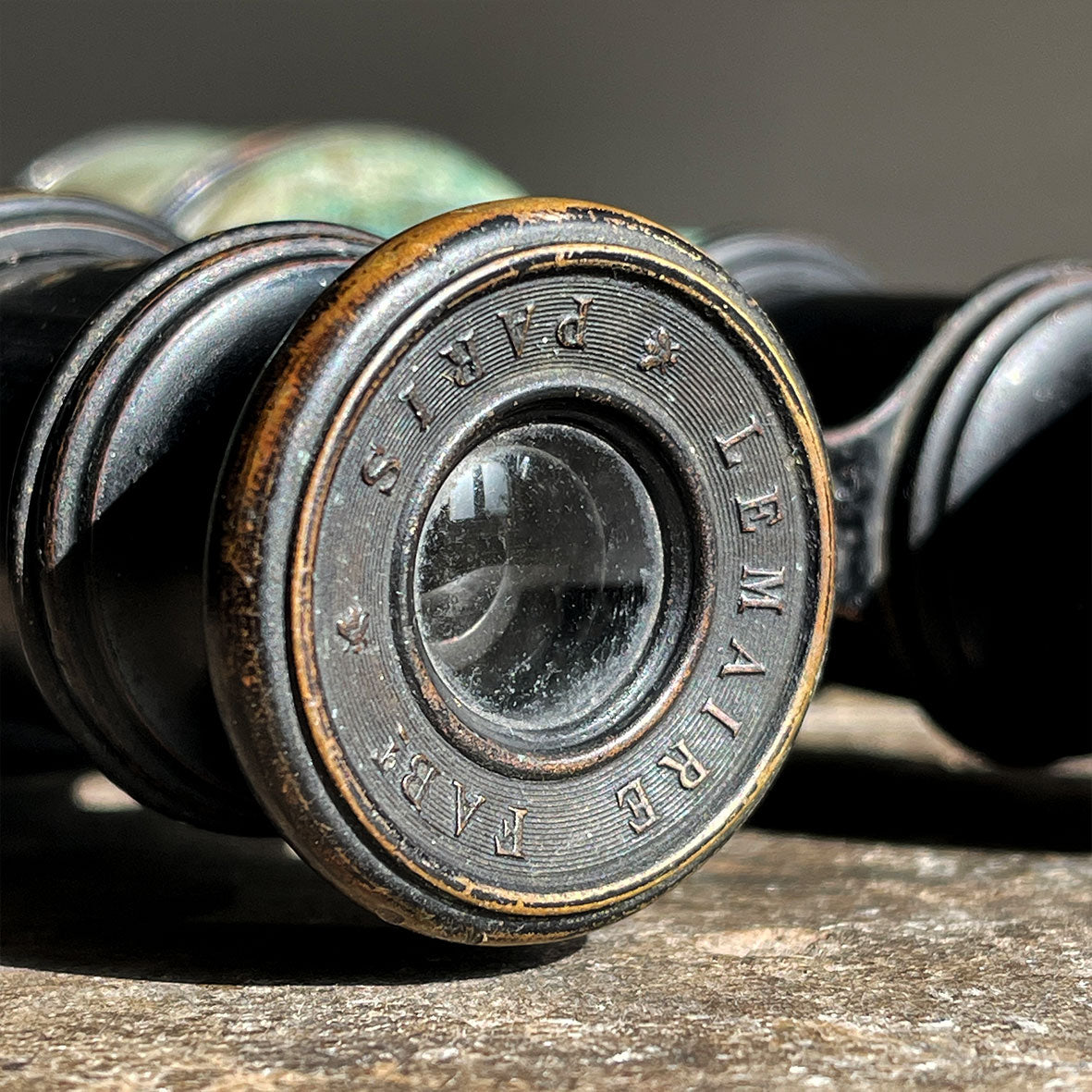 A pair of British Army issued field glasses by LeMaire Fabt of Paris. Verdigris patinated finish to the brass, excellent working order with good vision and clarity - SHOP NOW - www.intovintage.co.uk