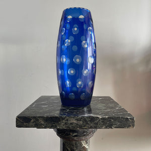 A stunning hand blown blue cased glass vase with hand ground spots catches the light beautifully. A flat bottom with hand-cut star keeps it nice and stable - SHOP NOW - www.intovintage.co.uk