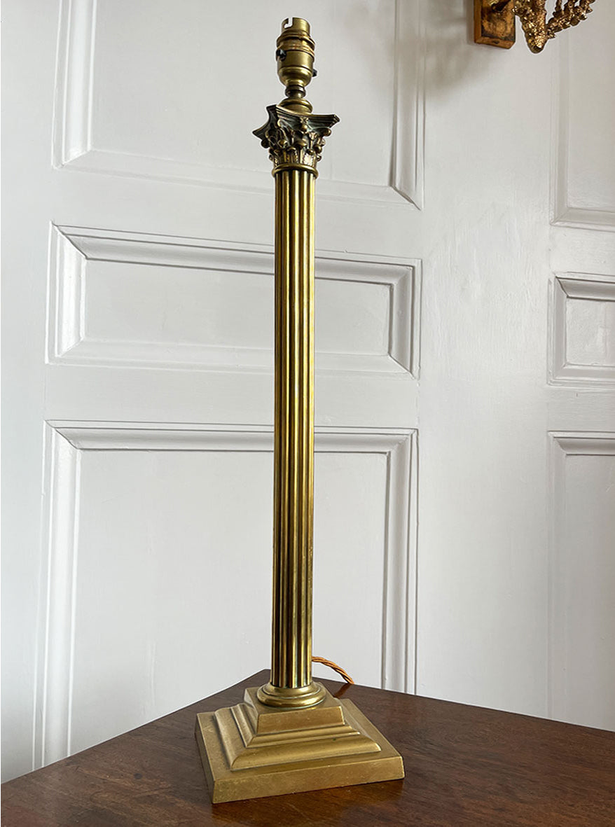 A large Victorian classical brass table lamp with beautiful corinthian column detailing. Wired for electricity with new bayonet lamp fitting, three core dark gold cloth covered cable new plug and pat tested - SHOP NOW - www.intovintage.co.uk