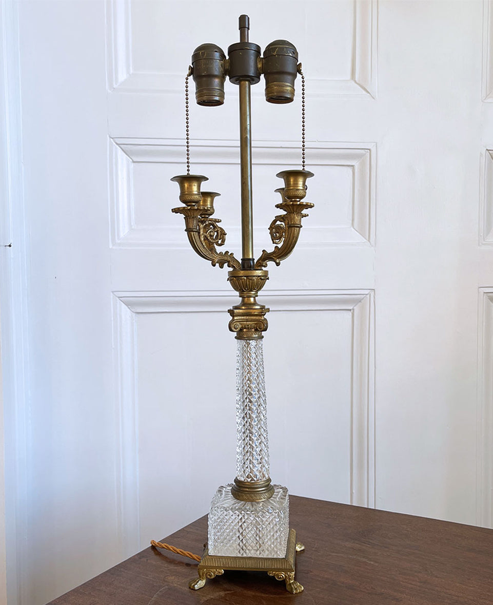 A converted four branch French classical crystal glass & gilt table candelabra with two pull chain switched down light fittings - SHOP NOW - www.intovintage.co.uk