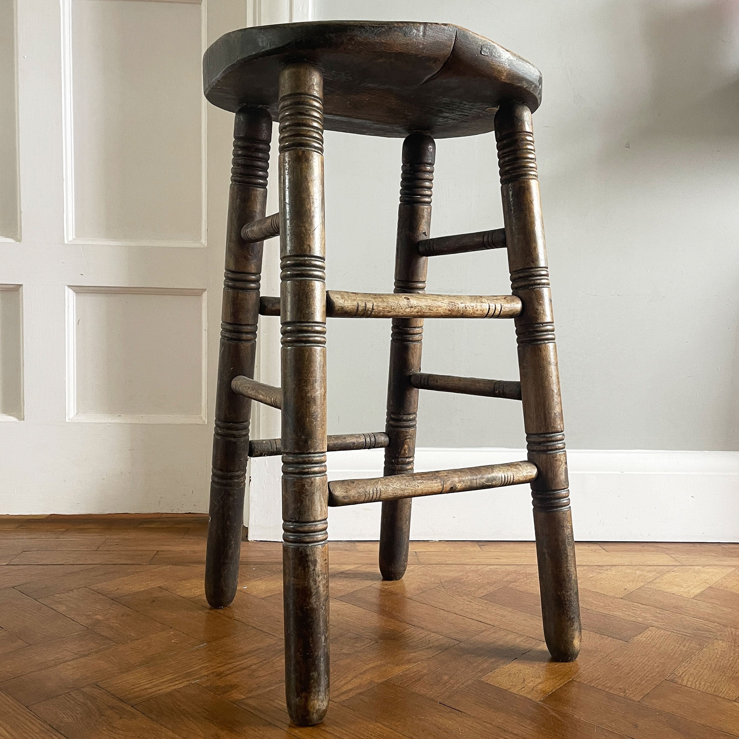 A Sturdy Oak Clerk's Stool. A beautifully shaped saddle seat with turned legs and stretchers - SHOP NOW - www.intovintage.co.uk