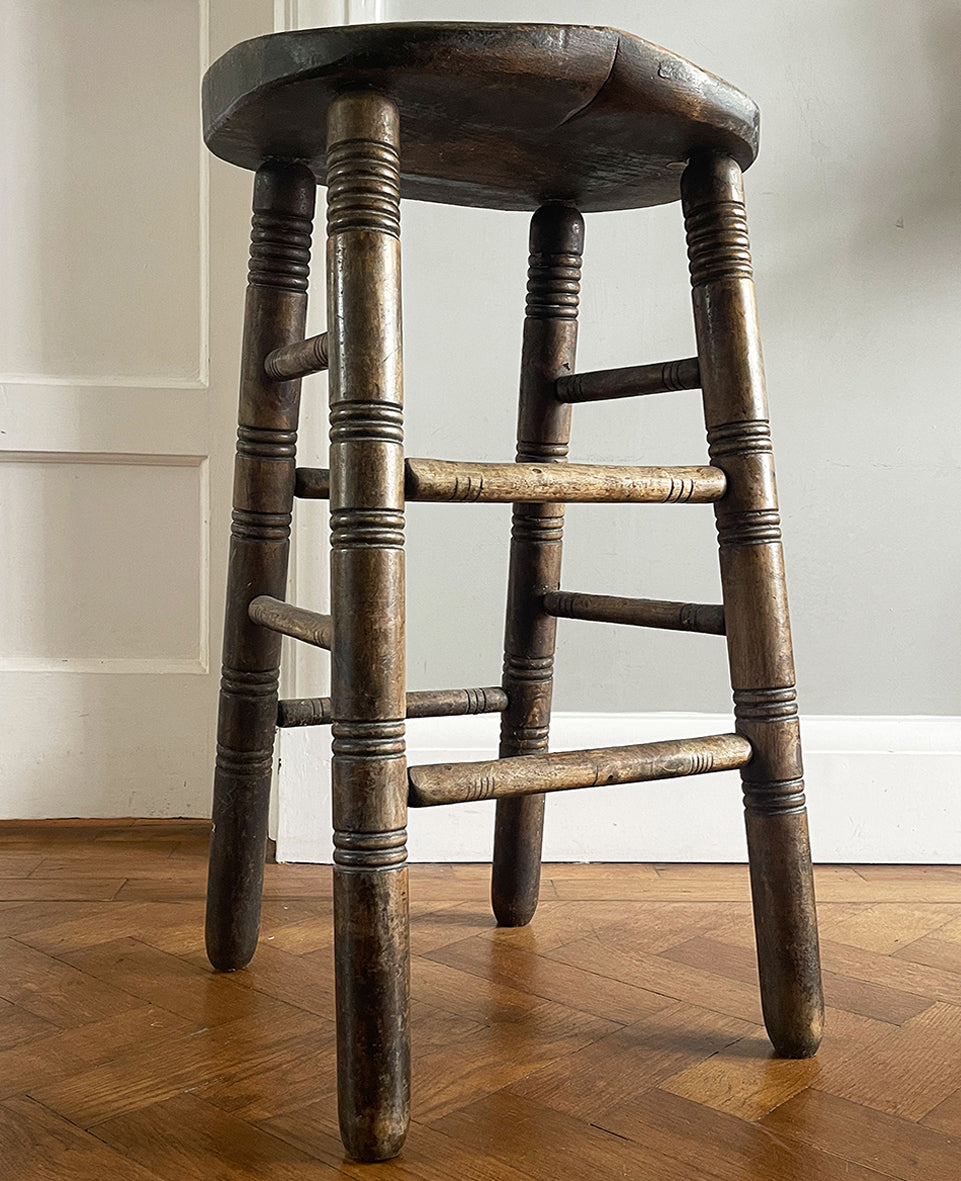 A Sturdy Oak Clerk's Stool. A beautifully shaped saddle seat with turned legs and stretchers - SHOP NOW - www.intovintage.co.uk