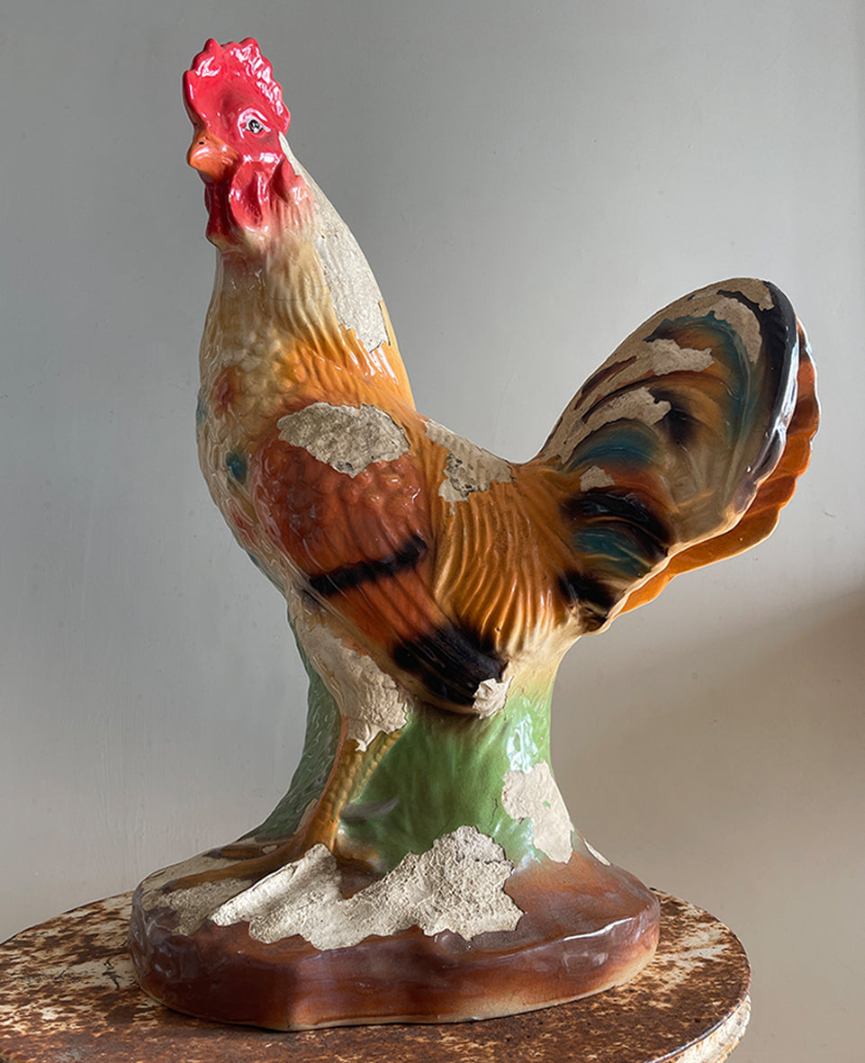 A bright and jolly Ceramic French Chicken. It has a fantastic patina to it where it has been left outside over the years. She stands proud at a decent 49cm in height - SHOP NOW - www.intovintage.co.uk