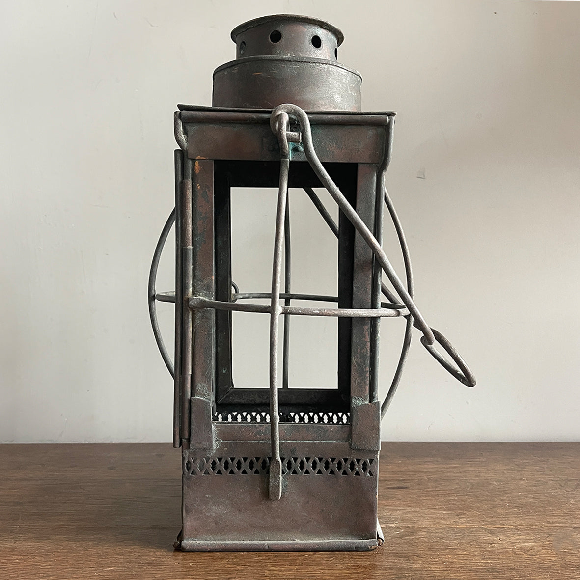 An Arts &amp; Crafts Hall Lantern with pierced gallery detailing around the base, Hinged lid and door with caged protectors to each side.&nbsp; - SHOP NOW - www.intovintage.co.uk