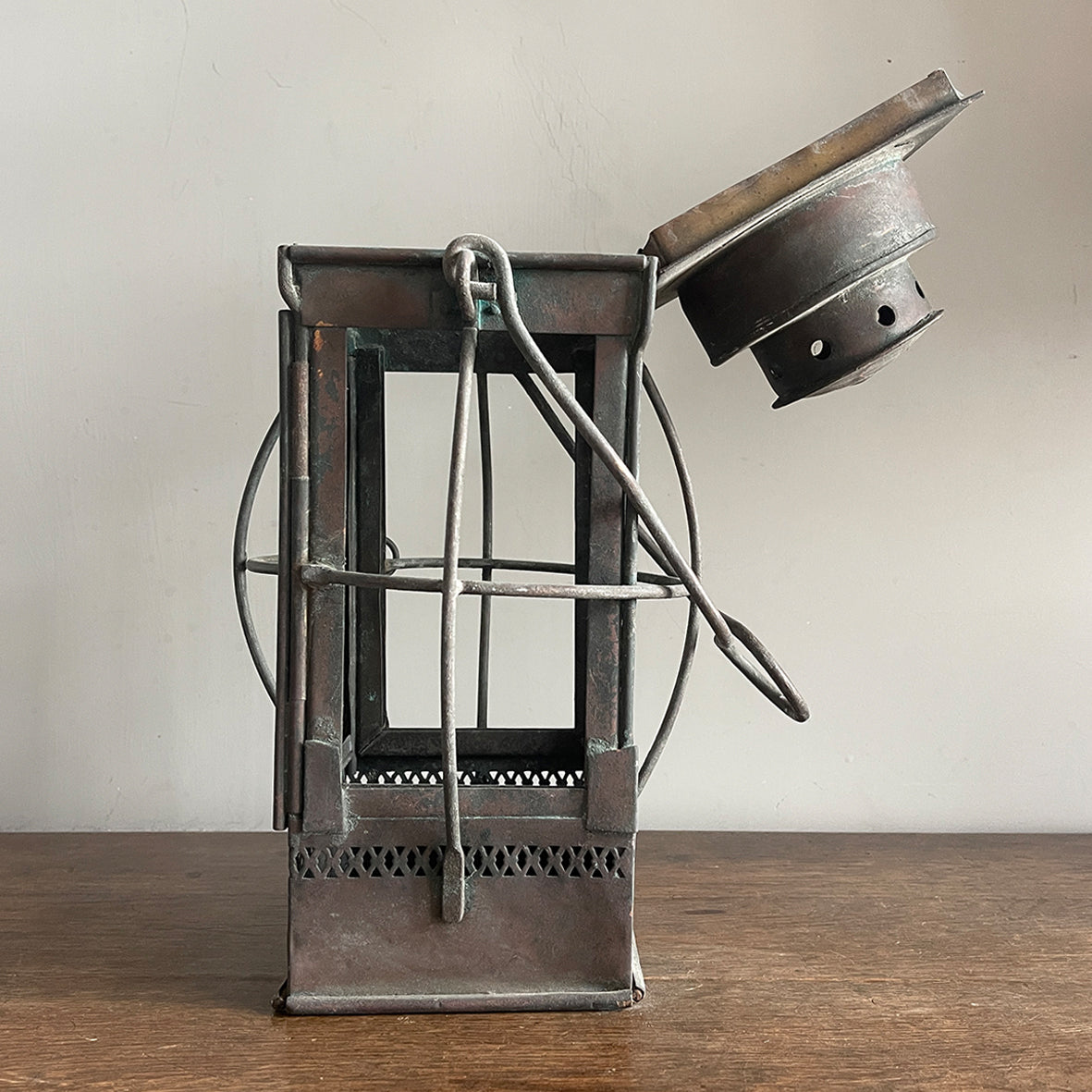 An Arts &amp; Crafts Hall Lantern with pierced gallery detailing around the base, Hinged lid and door with caged protectors to each side.&nbsp; - SHOP NOW - www.intovintage.co.uk