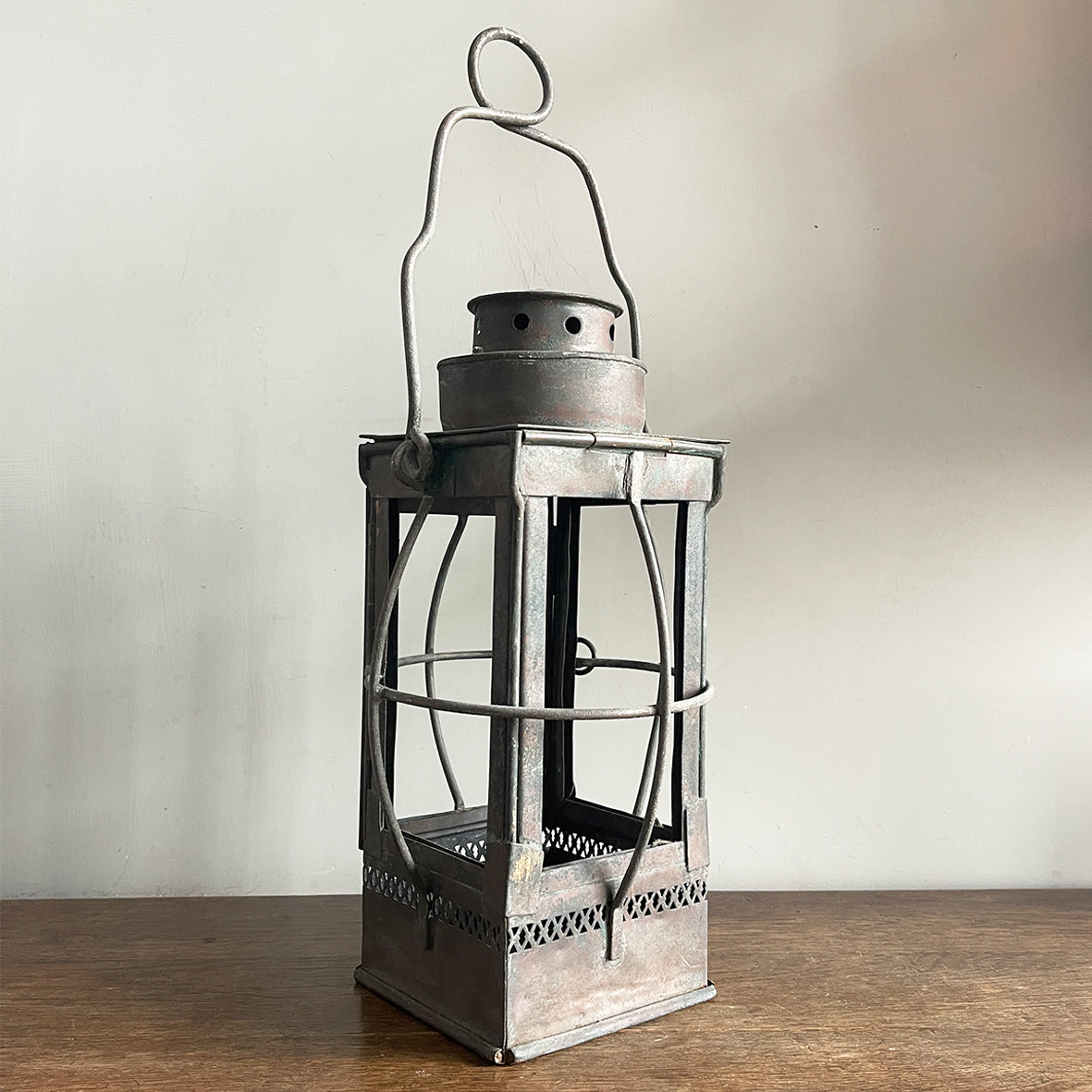 An Arts &amp; Crafts Hall Lantern with pierced gallery detailing around the base, Hinged lid and door with caged protectors to each side.&nbsp; - SHOP NOW - www.intovintage.co.uk