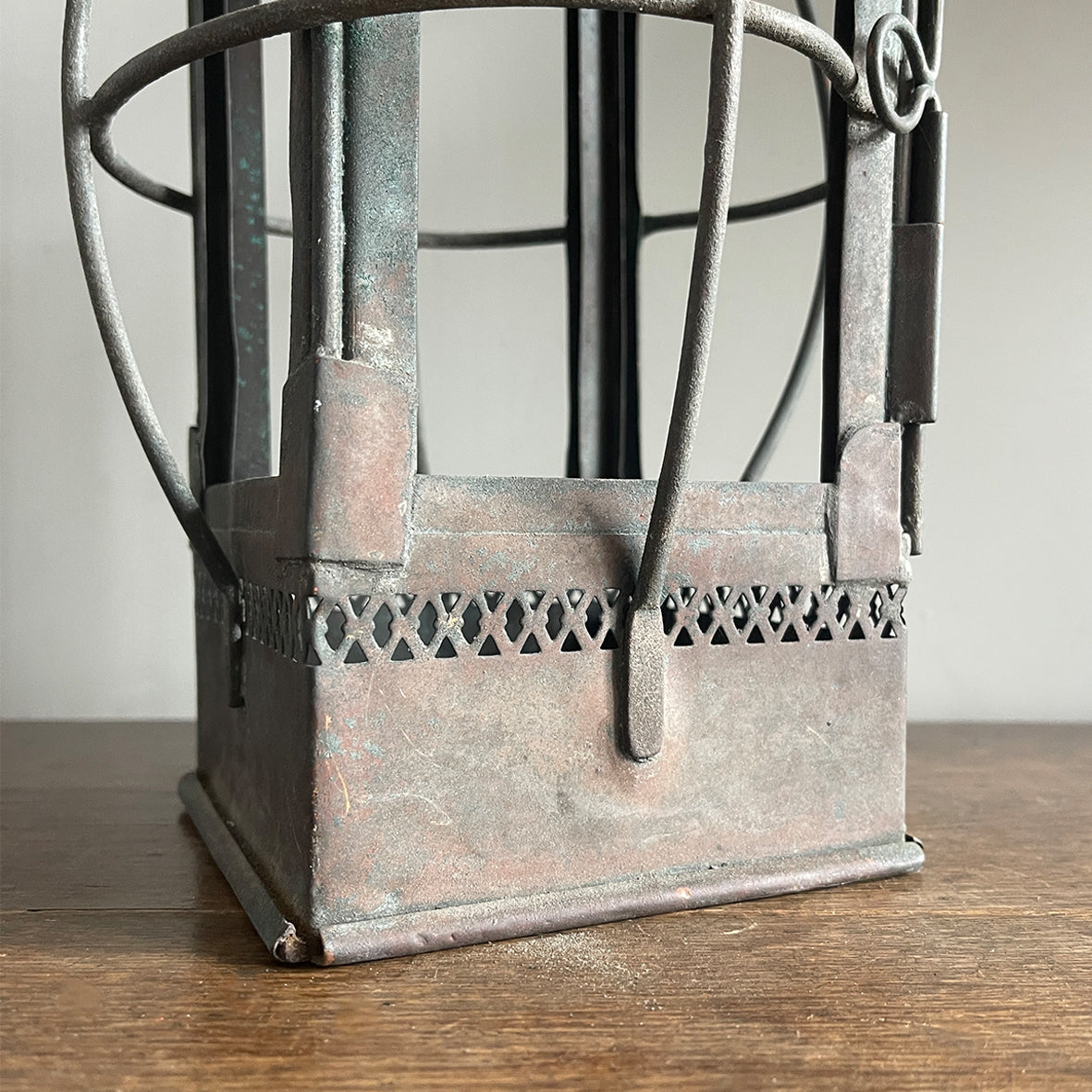 An Arts &amp; Crafts Hall Lantern with pierced gallery detailing around the base, Hinged lid and door with caged protectors to each side.&nbsp; - SHOP NOW - www.intovintage.co.uk