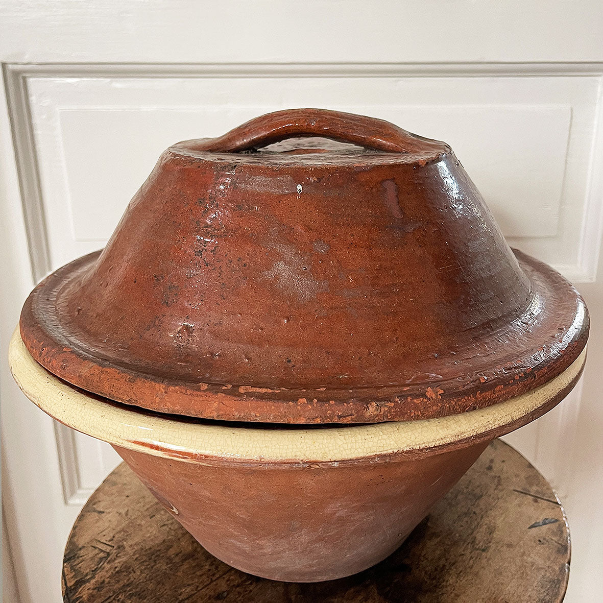 An Antique glazed terracotta Dairy Cream Bowl with rare original Lid. Ideal for bread proving. Welsh late 19th Century - SHOP NOW - www.intovintage.co.uk