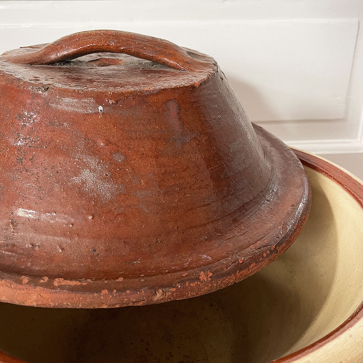 An Antique glazed terracotta Dairy Cream Bowl with rare original Lid. Ideal for bread proving. Welsh late 19th Century - SHOP NOW - www.intovintage.co.uk