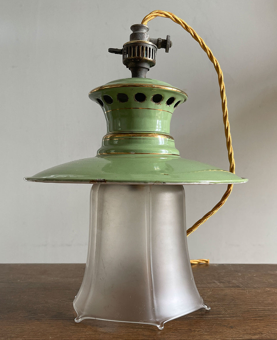 An early 20th century Hall Lantern finished in a beautiful duck egg green enamel with gold pin stripe detail. Pretty frosted glass shade. - SHOP NOW - www.intovintage.co.uk