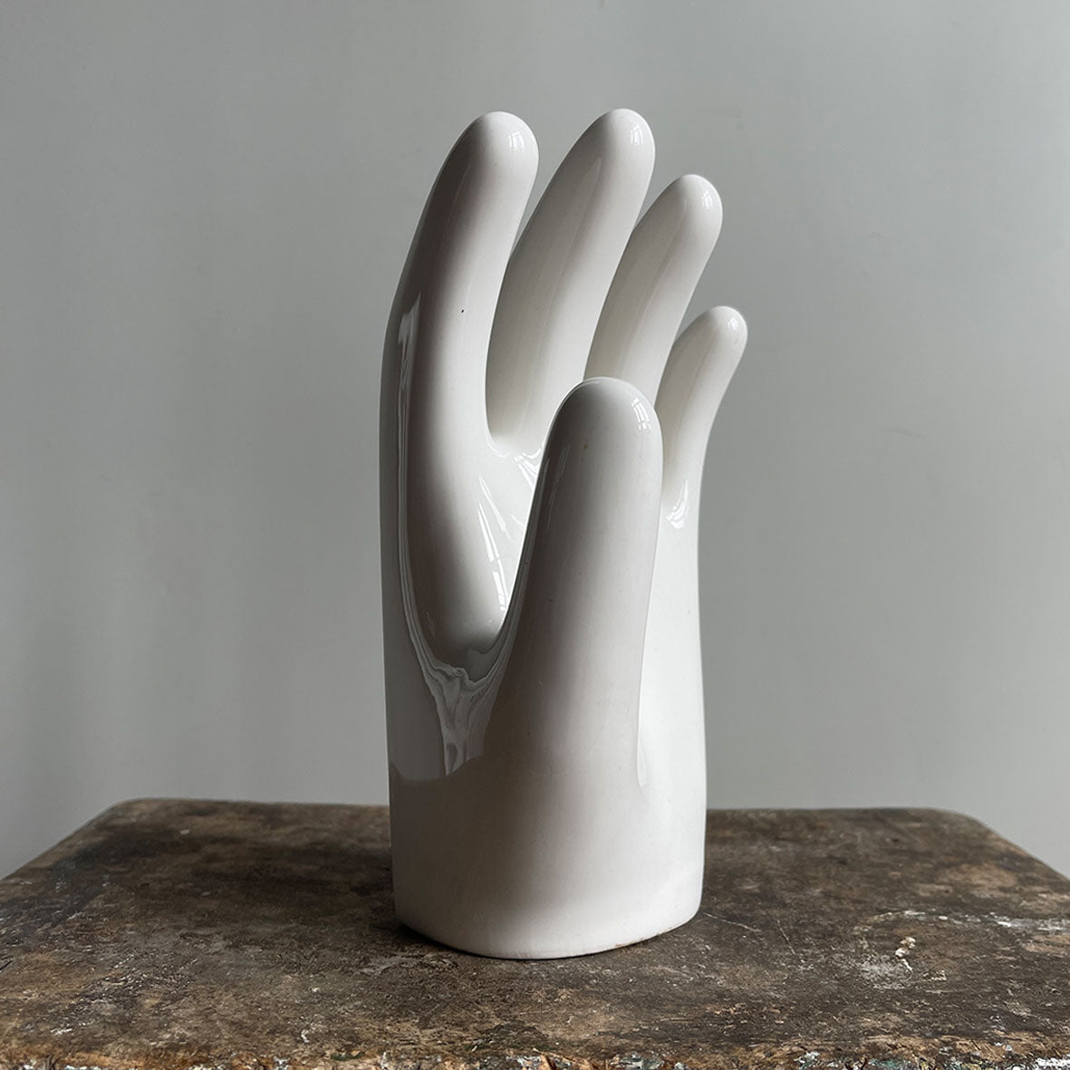 A sculptural Factory Glove Mould. Finished in a white glaze and stamped '300359 10' and 'AGH' printed in blue numerals to the front. In perfect condition - SHOP NOW - www.intovintage.co.uk
