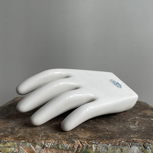 A sculptural Factory Glove Mould. Finished in a white glaze and stamped '300359 10' and 'AGH' printed in blue numerals to the front. In perfect condition - SHOP NOW - www.intovintage.co.uk
