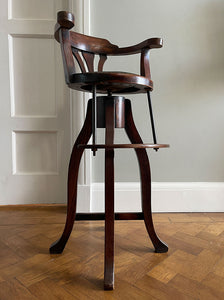 A very clean and original example of a Victorian Child's Barber Chair. Having a splat back with original upholstery to the seat, brass rods that hold in place the foot rest, 360 degree rotation with adjustable height, four splayed legs to the base - SHOP NOW - www.intovintage.co.uk