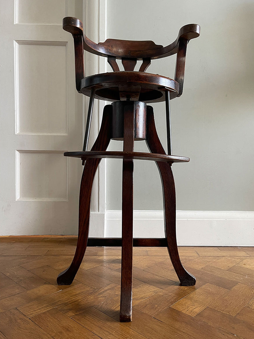 A very clean and original example of a Victorian Child's Barber Chair. Having a splat back with original upholstery to the seat, brass rods that hold in place the foot rest, 360 degree rotation with adjustable height, four splayed legs to the base - SHOP NOW - www.intovintage.co.uk