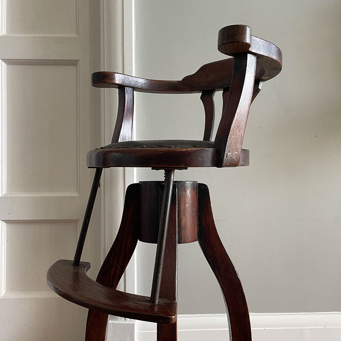 A very clean and original example of a Victorian Child's Barber Chair. Having a splat back with original upholstery to the seat, brass rods that hold in place the foot rest, 360 degree rotation with adjustable height, four splayed legs to the base - SHOP NOW - www.intovintage.co.uk