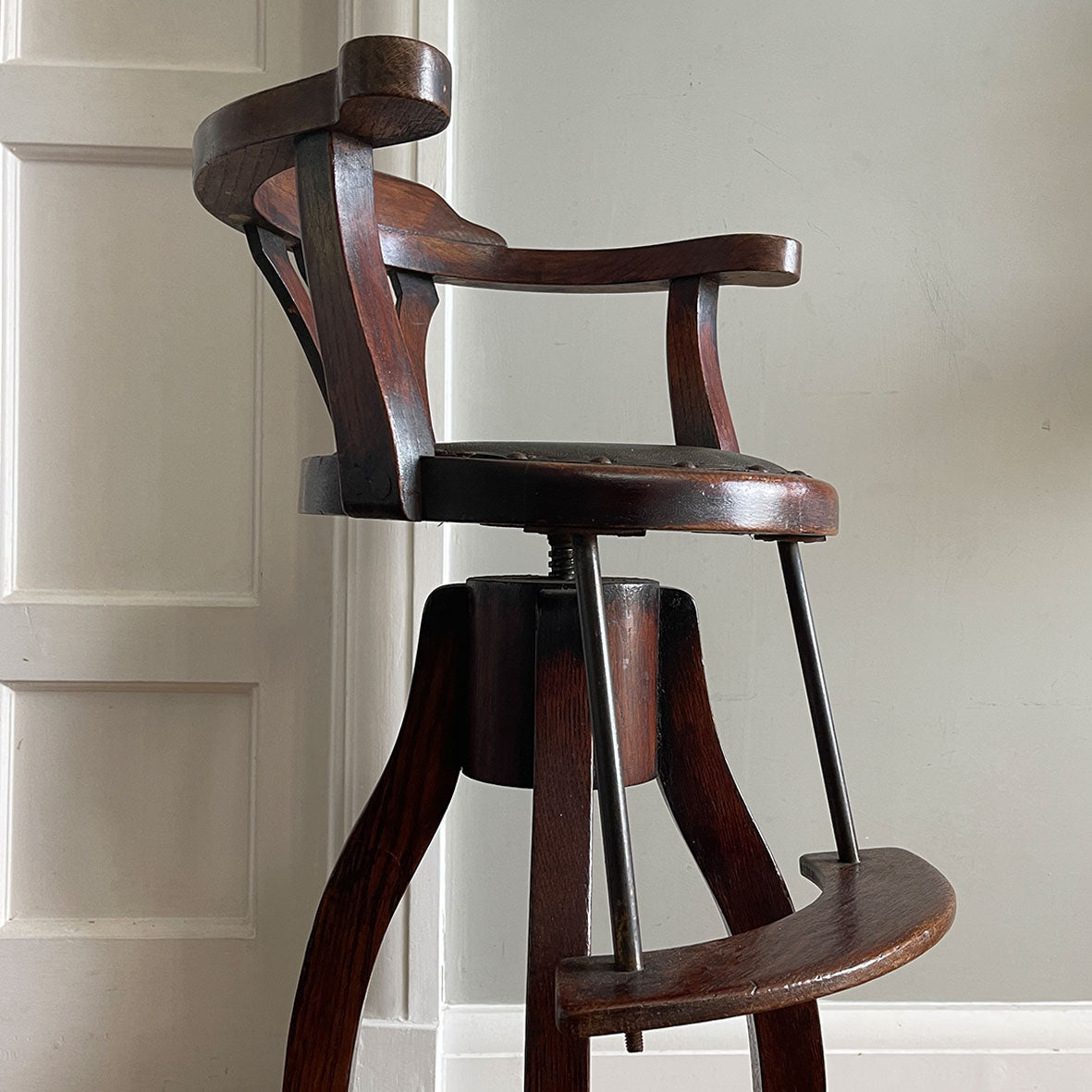 A very clean and original example of a Victorian Child's Barber Chair. Having a splat back with original upholstery to the seat, brass rods that hold in place the foot rest, 360 degree rotation with adjustable height, four splayed legs to the base - SHOP NOW - www.intovintage.co.uk