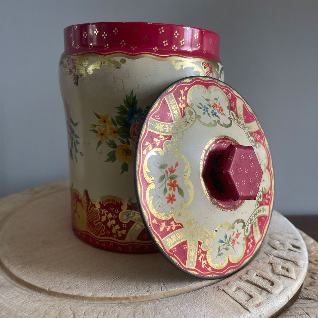 A super kitsch tin which would have formerly held Boy Blue Toffees. Lovely bright colours with a flourish of gold! Marked 'George W Horner & Co Ltd. Chester-Le-Street, County of Durham" - SHOP NOW - www.intovintage.co.uk