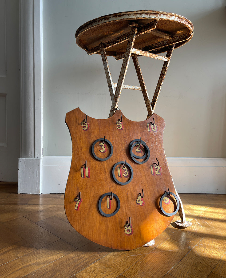 You'll get hours of fun with this Vintage Bar Hoopla Game. Stylish water slide numbers on a varnished shield backboard. Comes with six hard rubber hoops. Would also be great for your house keys!  SHOP NOW - www.intovintage.co.uk