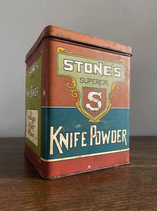 A Vintage Stone's Superior Knife Powder Tin. Great design and typography with an earthy colour pallet - SHOP NOW - www.intovintage.co.uk