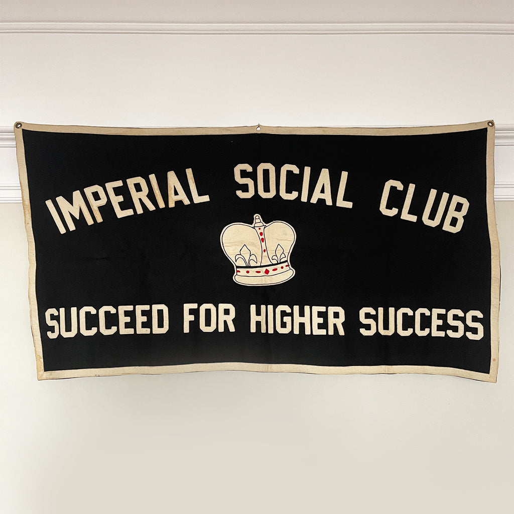 A super cool vintage banner from the Imperial Social Club of New York. The club's name and motto 'SUCCEED FOR HIGHER SUCCESS' are made up of individual letters that are hand-stitched onto the heavy black felt fabric - Very Cool! SHOP NOW - www.intovintage.co.uk