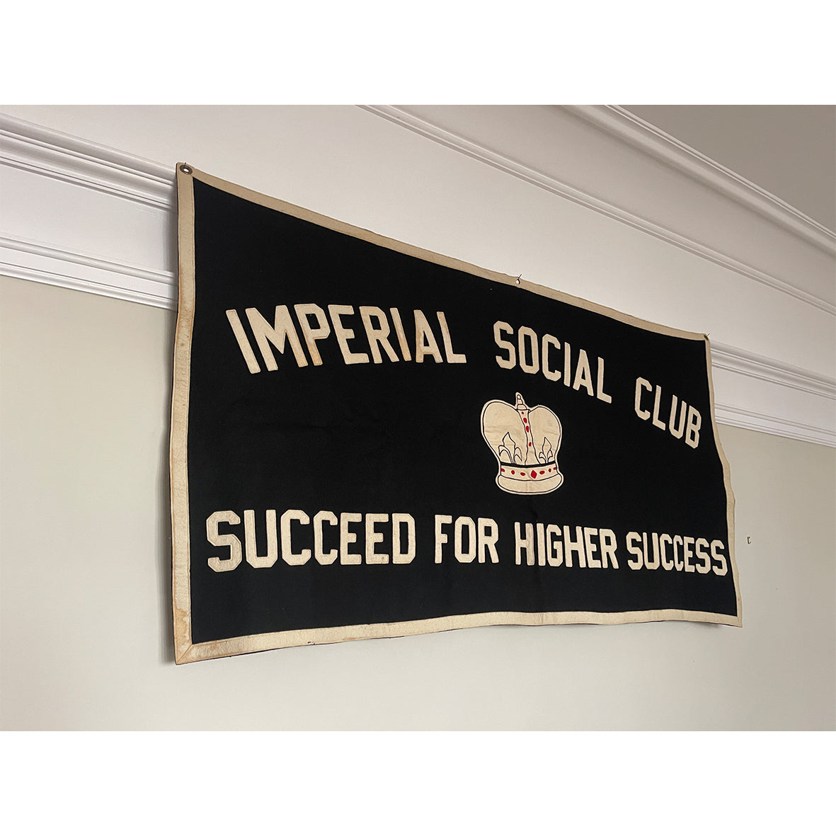 A super cool vintage banner from the Imperial Social Club of New York. The club's name and motto 'SUCCEED FOR HIGHER SUCCESS' are made up of individual letters that are hand-stitched onto the heavy black felt fabric - Very Cool! SHOP NOW - www.intovintage.co.uk