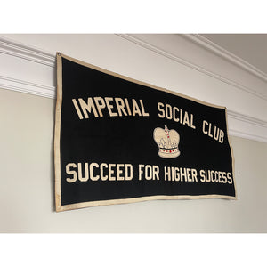 A super cool vintage banner from the Imperial Social Club of New York. The club's name and motto 'SUCCEED FOR HIGHER SUCCESS' are made up of individual letters that are hand-stitched onto the heavy black felt fabric - Very Cool! SHOP NOW - www.intovintage.co.uk