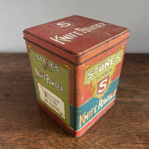 A Vintage Stone's Superior Knife Powder Tin. Great design and typography with an earthy colour pallet - SHOP NOW - www.intovintage.co.uk