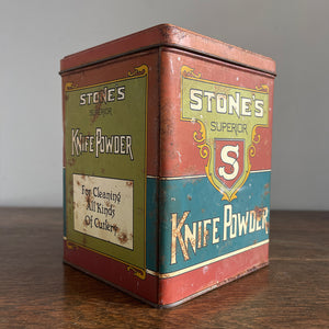 A Vintage Stone's Superior Knife Powder Tin. Great design and typography with an earthy colour pallet - SHOP NOW - www.intovintage.co.uk