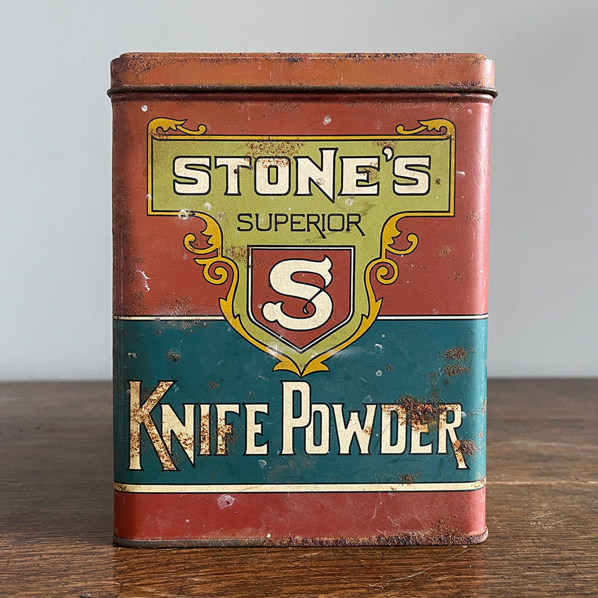 A Vintage Stone's Superior Knife Powder Tin. Great design and typography with an earthy colour pallet - SHOP NOW - www.intovintage.co.uk