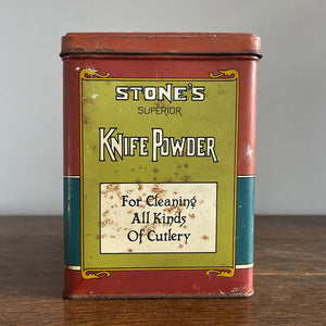 A Vintage Stone's Superior Knife Powder Tin. Great design and typography with an earthy colour pallet - SHOP NOW - www.intovintage.co.uk