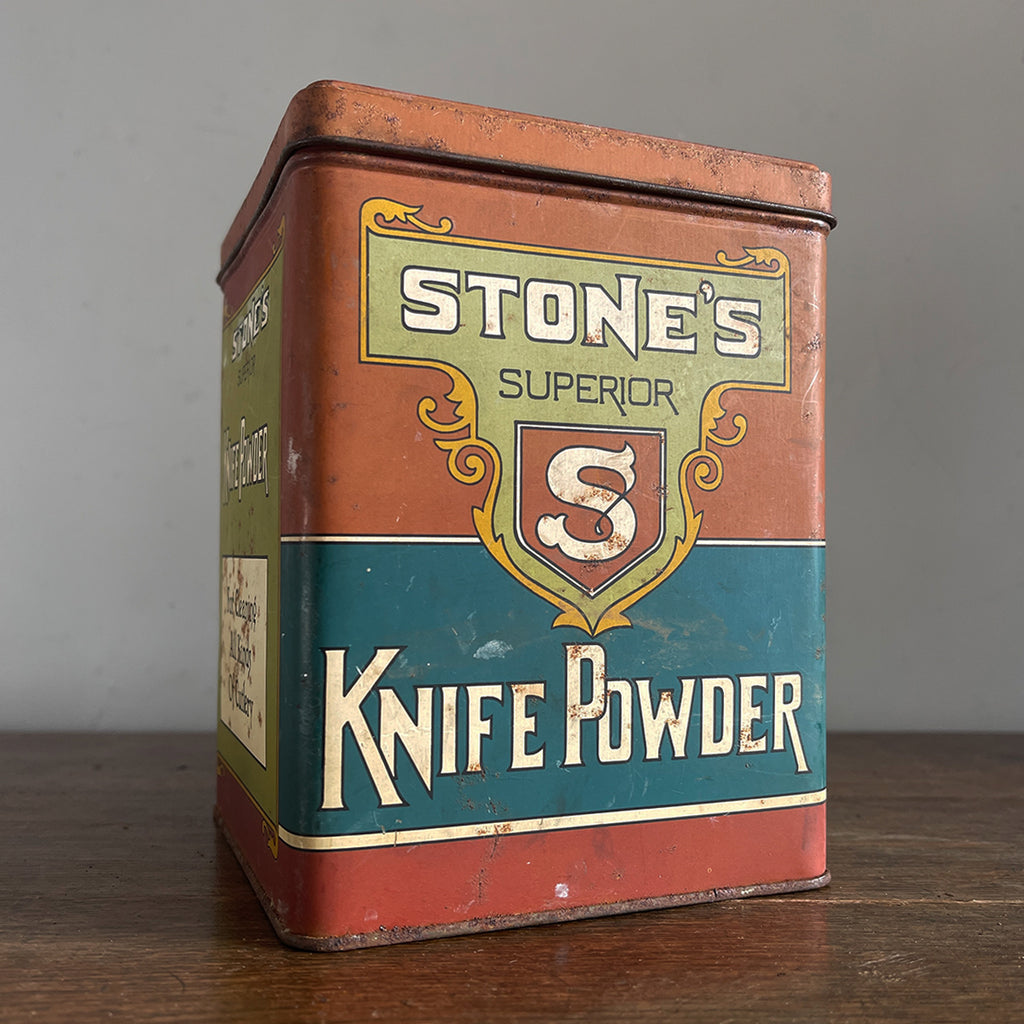 A Vintage Stone's Superior Knife Powder Tin. Great design and typography with an earthy colour pallet - SHOP NOW - www.intovintage.co.uk