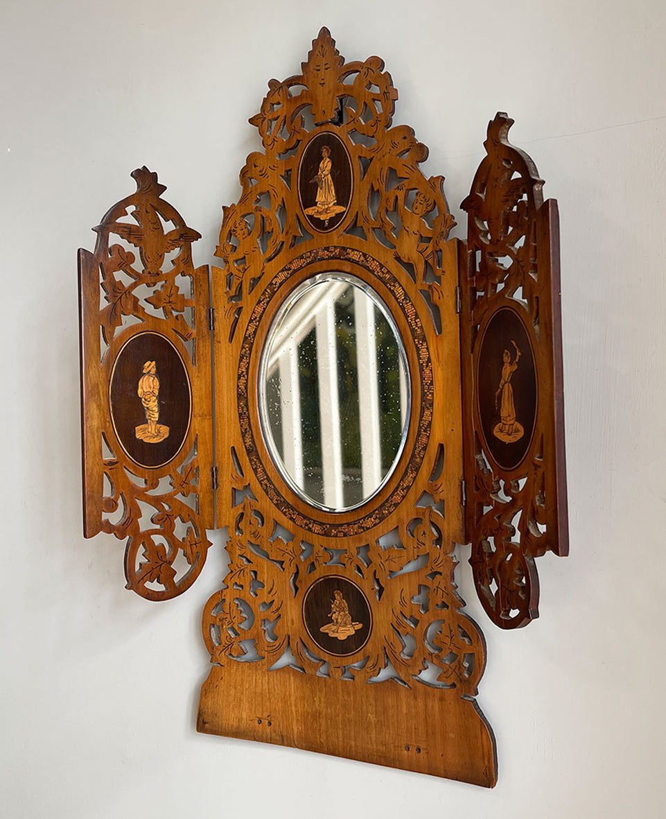 A pretty petit Italian Sorento Ware Olive Wood hinged-door Mirror. A charming mix of fretwork and marquetry showing country peasant scenes. Original mirror plate with slight foxing. A lovely piece with great colour. - SHOP NOW - www.intovintage.co.uk