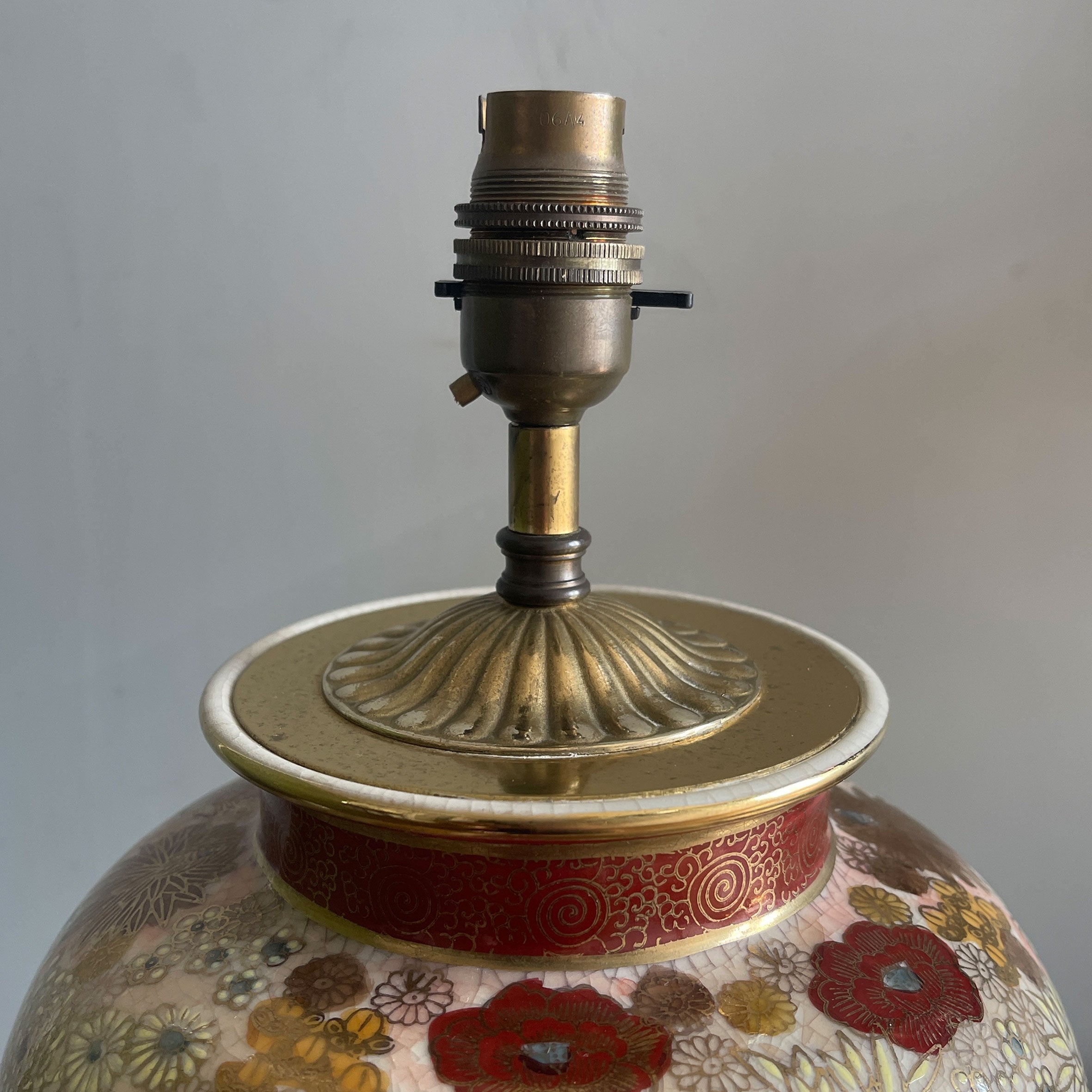 A golden toned Oriental Table Lamp. A ceramic jar with brass and wooden fittings. - SHOP NOW - www.intovintage.co.uk