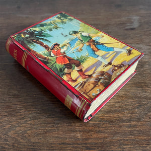 A Vintage 1950s Chad Valley Pirate Tin-Plate Money Box that looks like a book. With a cracking pirate image to the front and the word 'PIRATES' on the spine - SHOP NOW - www.intoVintage.co.uk