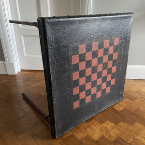 A Samson Folding Chess Table by Schwayder Brothers of Detroit. With a studded edge, metal corners and sturdy folding legs. It has a great aged look to it with original sales sticker underneath showing five gents standing on the table to showcase its strength, hence the name 'Samson'! SHOP NOW - www.intovintage.co.uk