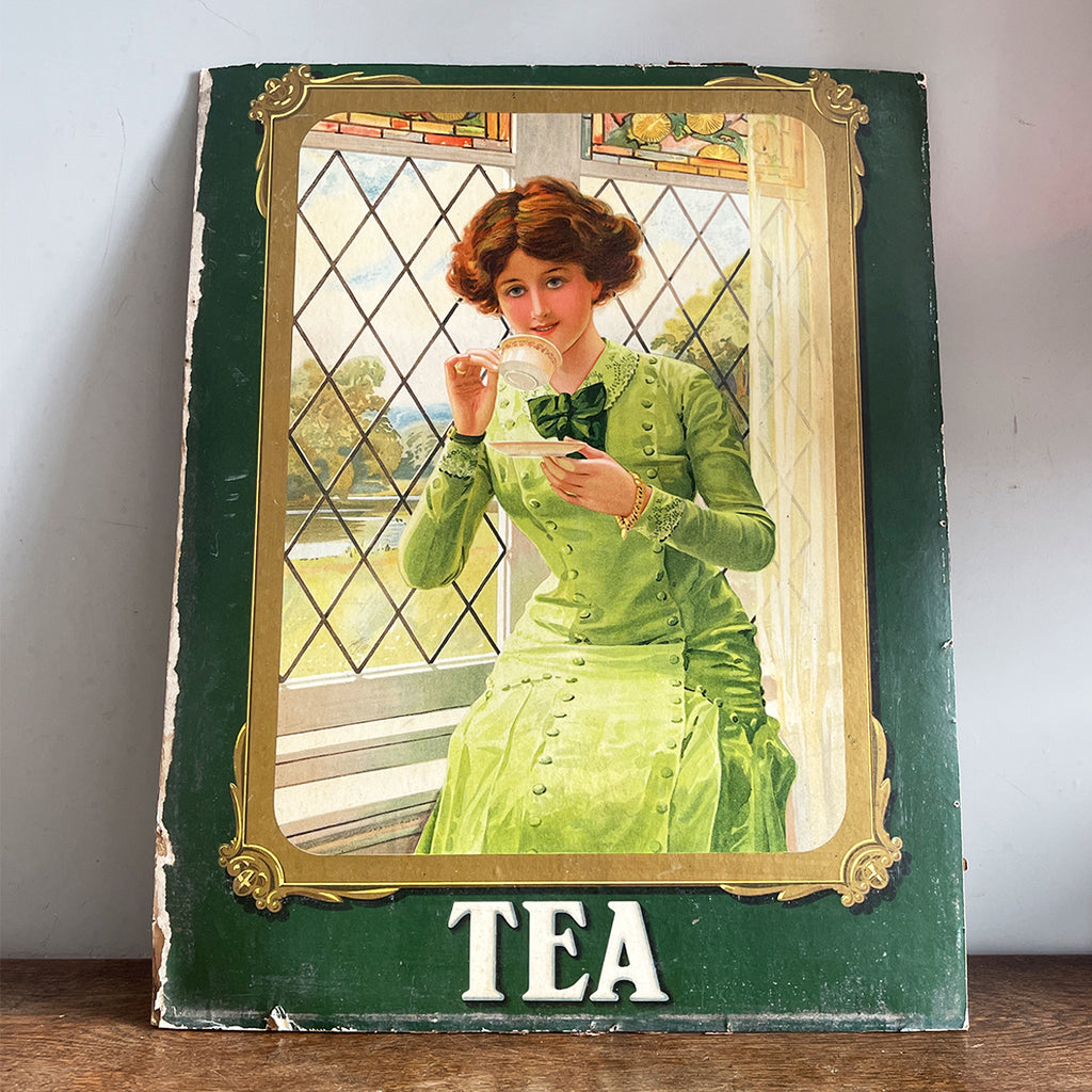 An Edwardian Tea Advertising Card featuring a smart young lady sipping on a brew. Would look great mounted in a frame - SHOP NOW - www.intovintage.co.uk