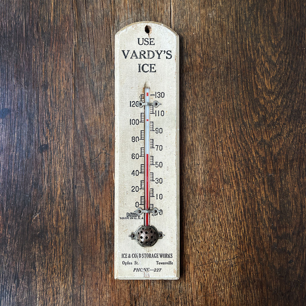 A vintage American wooden thermometer from the Vardy's Ice & Cold Storage Works, Ogden Street, Townsville. Original paint and print. Very collectable - SHOP NOW - www.intovintage.co.uk