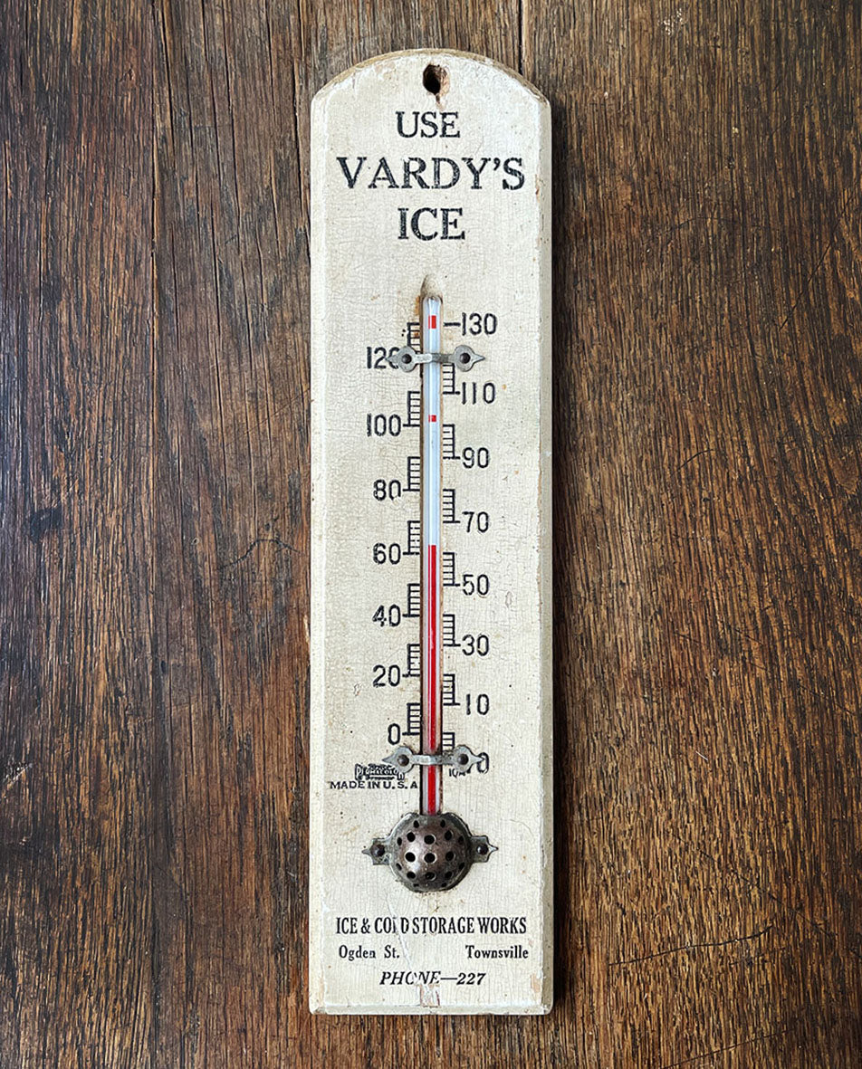 A vintage American wooden thermometer from the Vardy's Ice & Cold Storage Works, Ogden Street, Townsville. Original paint and print. Very collectable - SHOP NOW - www.intovintage.co.uk