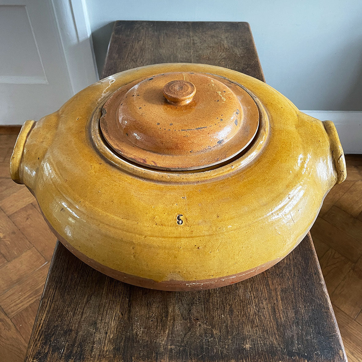 A magnificent large French, Normandy earthenware Tripiere or Tripe Pot. Bulbous in structure with big lug handles. Marked with the numeral '5' to one side. Beautiful warm tones in the glaze & terracotta - SHOP NOW - www.intovintage.co.uk