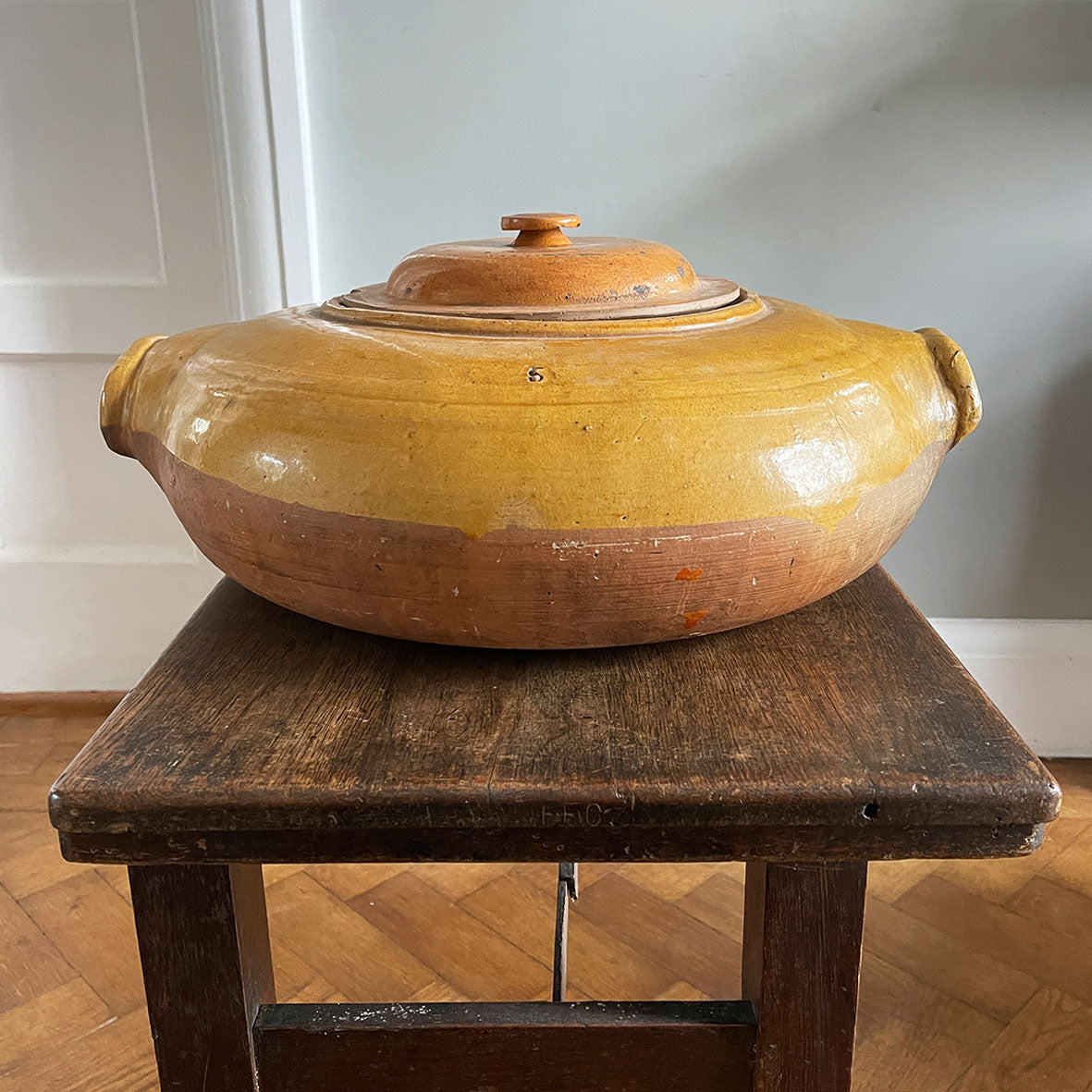 A magnificent large French, Normandy earthenware Tripiere or Tripe Pot. Bulbous in structure with big lug handles. Marked with the numeral '5' to one side. Beautiful warm tones in the glaze & terracotta - SHOP NOW - www.intovintage.co.uk