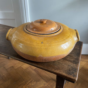 A magnificent large French, Normandy earthenware Tripiere or Tripe Pot. Bulbous in structure with big lug handles. Marked with the numeral '5' to one side. Beautiful warm tones in the glaze & terracotta - SHOP NOW - www.intovintage.co.uk